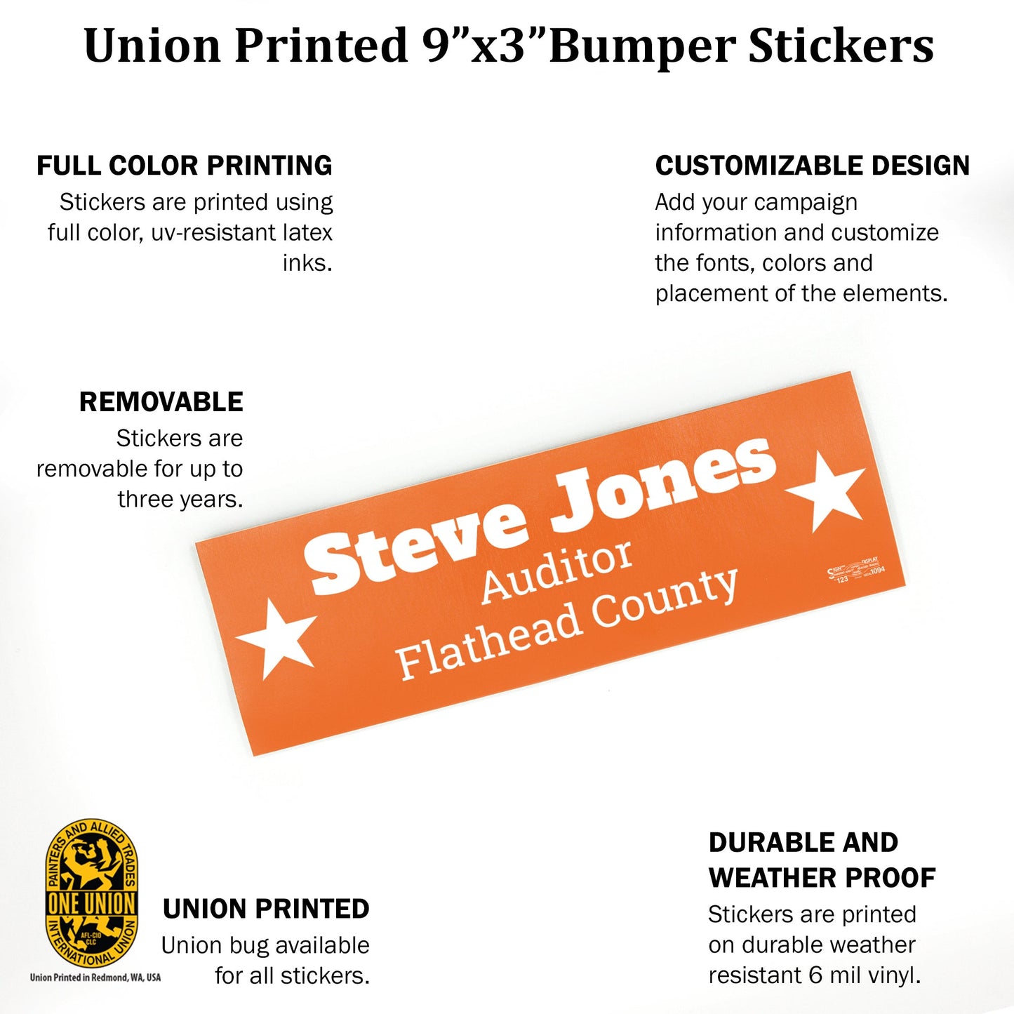 MerchBlue Union-Printed Bumper Sticker - 9" x 3" - Three Stars