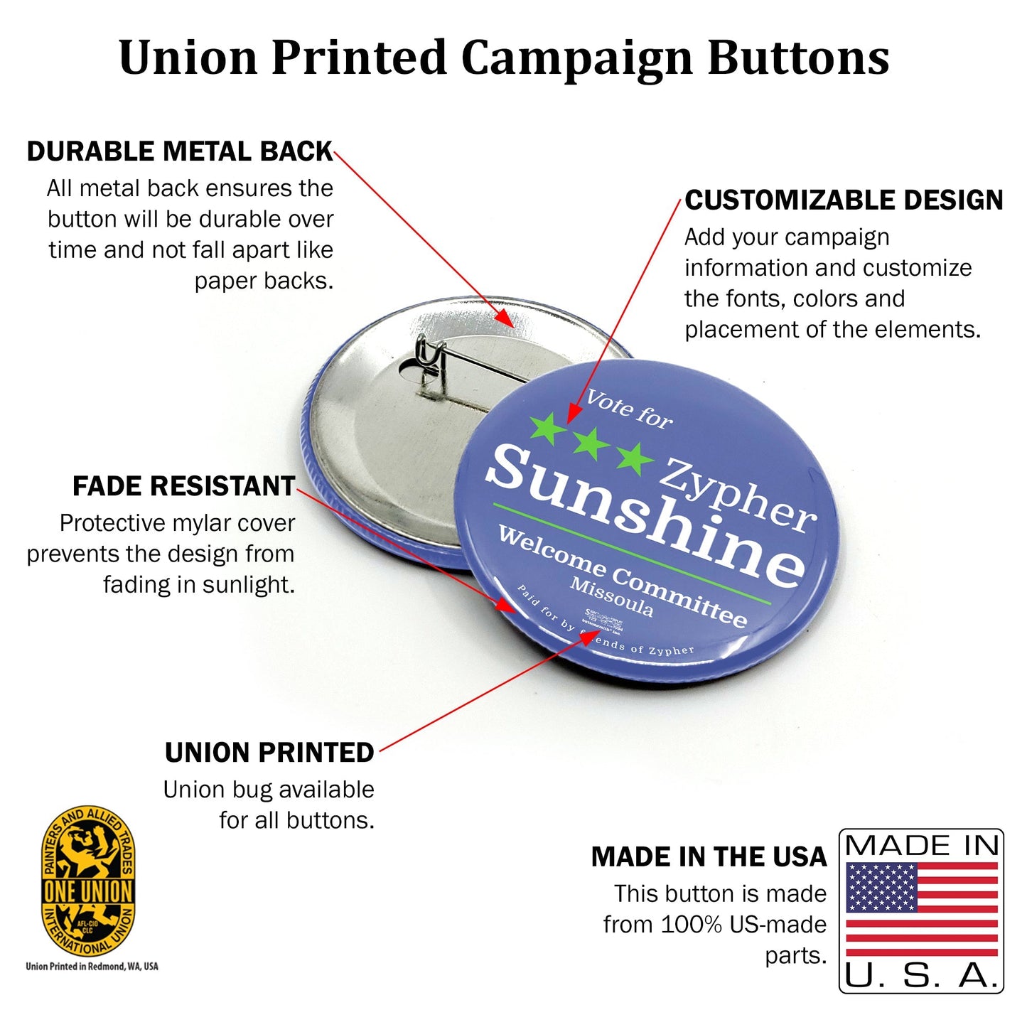 MerchBlue Union Printed Pinback Button - Three Stars - Made in the USA
