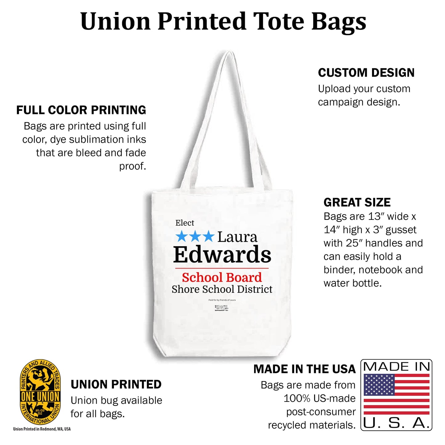 MerchBlue Union-Printed Tote bag - Custom image plus text - Made in the USA from recycled fabric