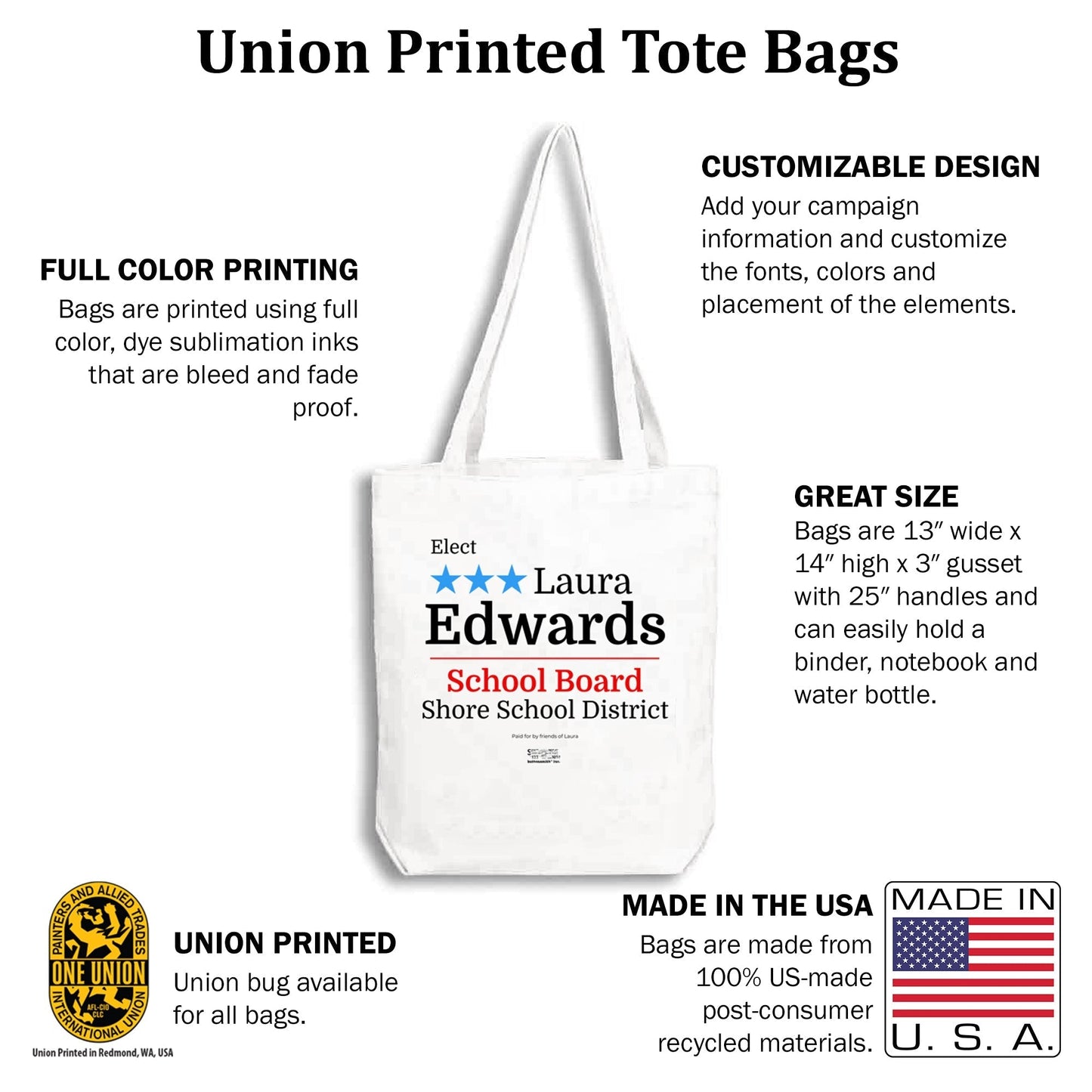 MerchBlue Union-Printed Tote Bag - Laurel design - Made in the USA from recycled fabric