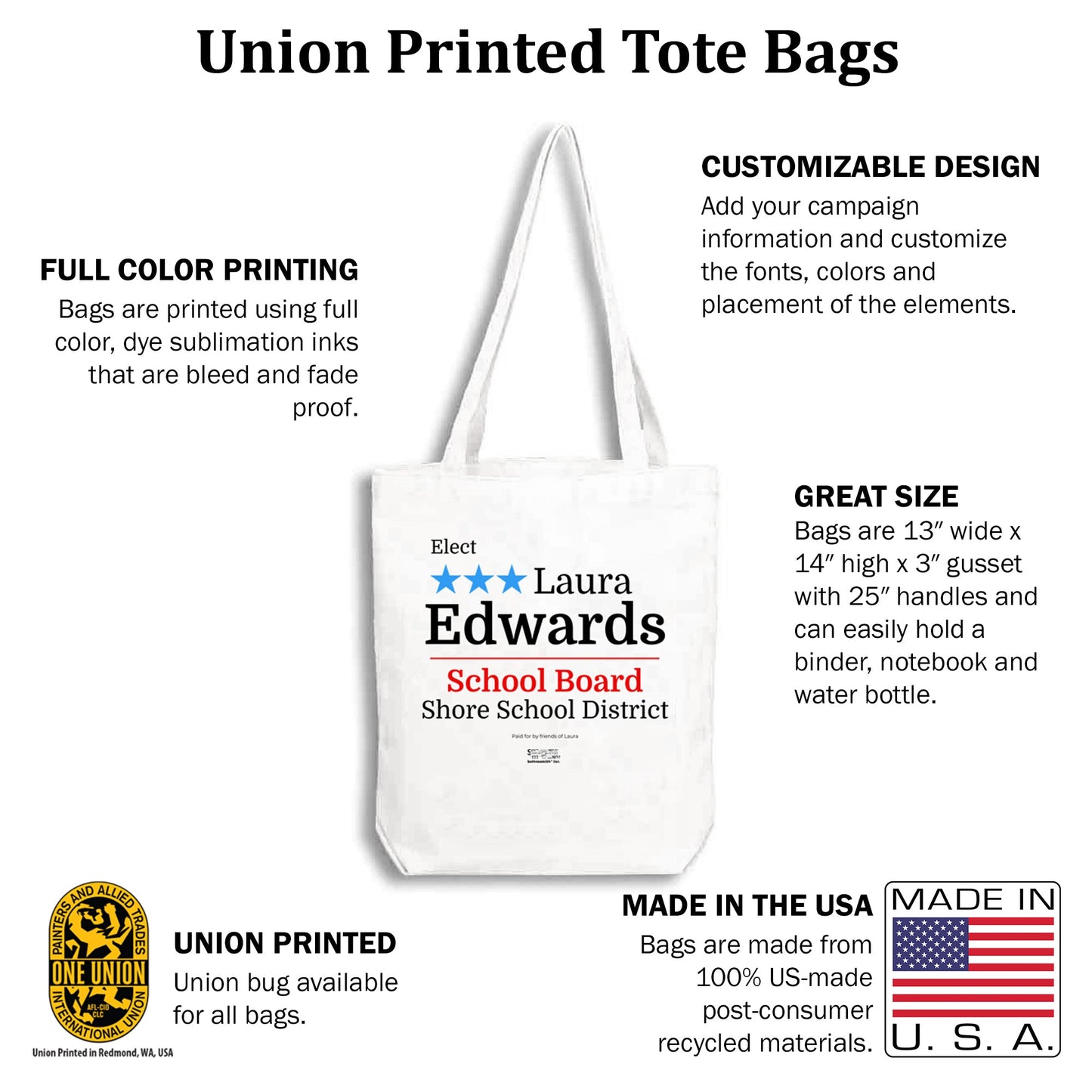 MerchBlue Union-Printed Tote Bag - Three Stars design - Made in the USA from recycled fabric